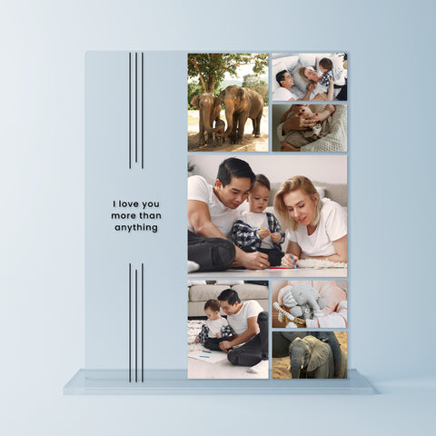Personalisiertes Acrylglas mit Fotocollage – Geschenkidee für Eltern mit Familienfotos und Liebesbotschaft ‚I love you more than anything‘ – individuelle Deko mit Bildern von Mutter, Vater und Kind auf dem Bett