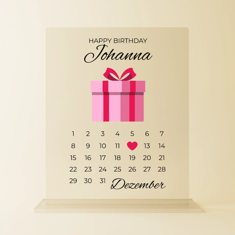 Personalisierte Acrylglasplatte zum Geburtstag mit Kalender-Design, Herzsymbol am 12. Dezember, Geschenk-Illustration und Name ‚Johanna‘ – individuelle Geburtstagsdeko oder Geschenkidee