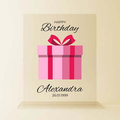Personalisierte Acrylglasplatte zum Geburtstag mit großem pinken Geschenk-Motiv, Name ‚Alexandra‘ und Geburtsdatum 26.01.1999 – schlichtes, liebevolles Design als individuelles Geburtstagsgeschenk