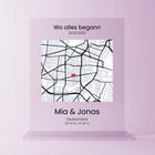 Individuelle Acrylglasplatte mit Stadtkarte, Herzsymbol und Koordinaten – personalisiertes Geschenk zum Jahrestag mit Namen ‚Mia & Jonas‘, Datum und der Aufschrift ‚Wo alles begann‘ – romantische Erinnerung an den gemeinsamen Start