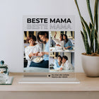 mumaboard Beste Mama Fotocollage aus Acrylglas mit drei Fotos und personalisiertem Spruch „Du bist die tollste Mama der Welt" neben einer Bogenhanf-Pflanze