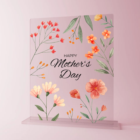 Personalisierte Acrylglasplatte zum Muttertag mit der Aufschrift ‚Happy Mother’s Day‘ – zartes Design mit handgemalten Blumen und Blättern – stilvolles Geschenk für Mütter mit floraler Eleganz