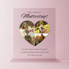 Personalisierte Acrylglasplatte zum Muttertag mit drei Familienfotos im Herzrahmen – Text ‚Alles Liebe zum Muttertag! Du bist meine beste Freundin. Du bist die beste Mama der Welt. Ich hab dich lieb!‘ – liebevolles Geschenk für Mütter