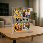 mumaboard MAMA Fotocollage aus Acrylglas mit vier herbstlichen Familienfotos auf einem Wonhzimmertisch