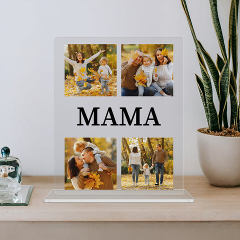 mumaboard MAMA Fotocollage aus Acrylglas mit vier herbstlichen Familienfotos neben einer Bogenhanf-Pflanze