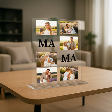 mumaboard MAMA Fotocollage aus Acrylglas mit sechs Familienfotos und den Buchstaben MA MA auf einem Holz Tisch im Wohnzimmer