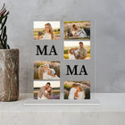 mumaboard MAMA Fotocollage aus Acrylglas mit sechs Familienfotos und den Buchstaben MA MA neben einer Marmor-Vase