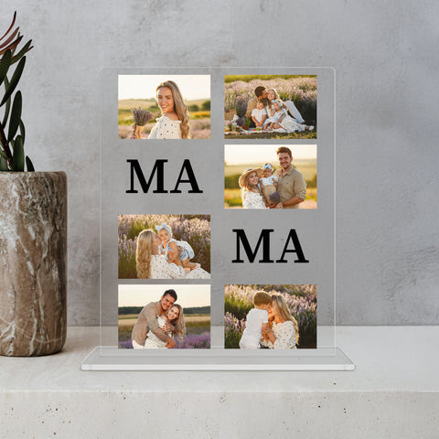 mumaboard MAMA Fotocollage aus Acrylglas mit sechs Familienfotos und den Buchstaben MA MA neben einer Marmor-Vase