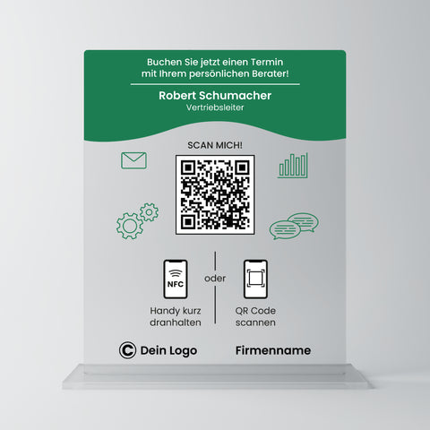 Personalisierte Acrylglas-Aufsteller mit QR/NFC für Beratung