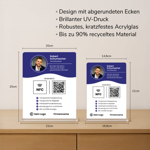 Personalisierte Acrylglas-Messeaufsteller mit QR/NFC für Leadgenerierung